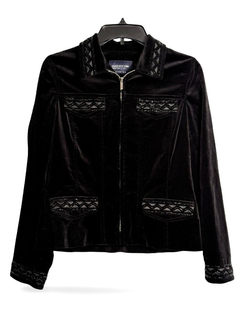 Jones New York Y2K Beaded Black Velvet Jacket Womens PS Whimsigoth 90s Goth Zip